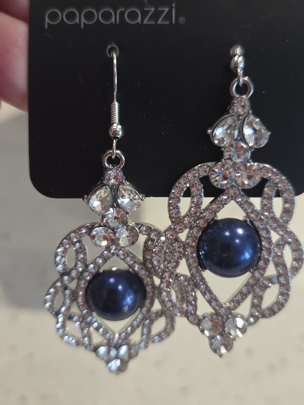 Paparazzi Silver Filigree Earrings with Navy Blue Pearl
